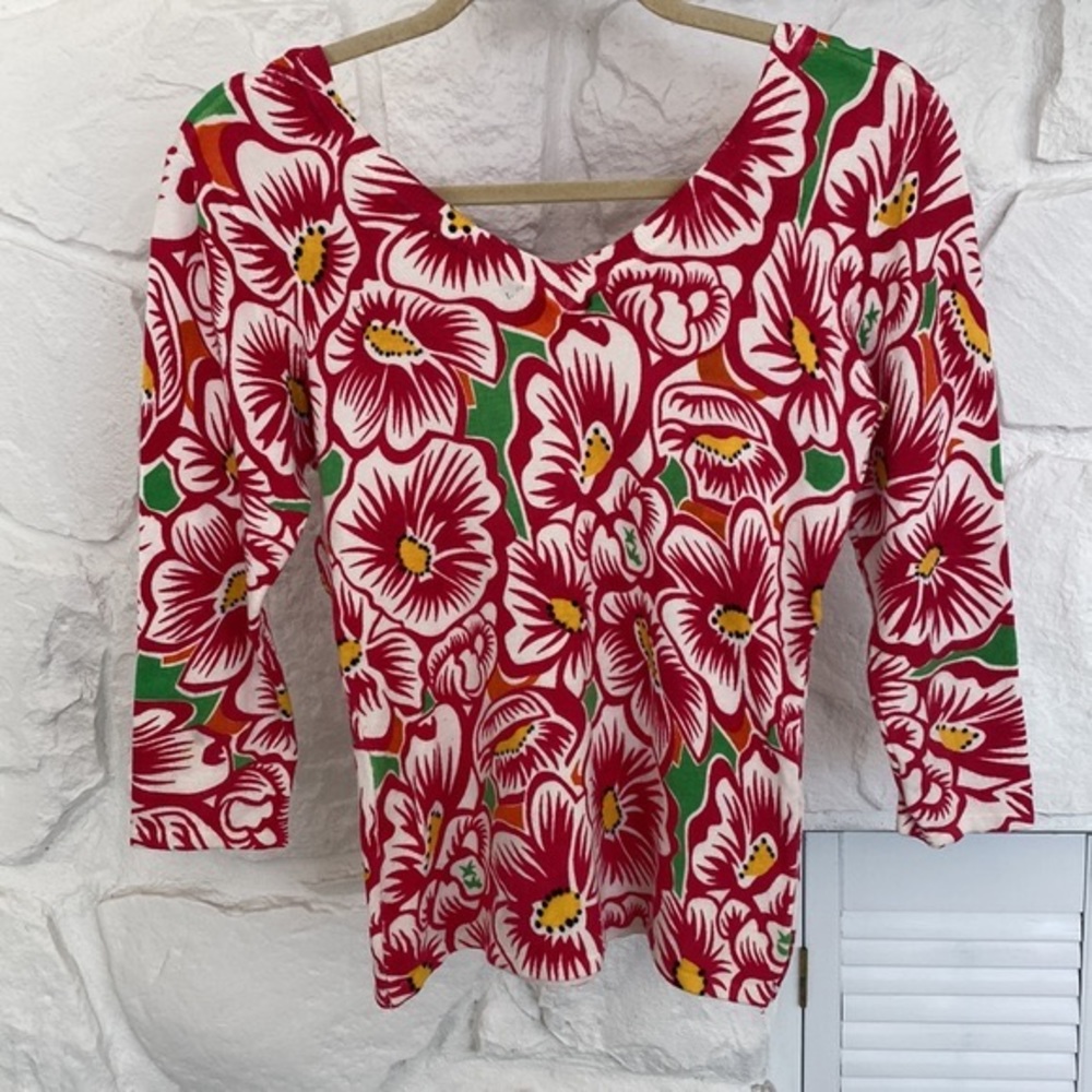 Hot Pink white yellow black green floral knit top v neck and scoop back